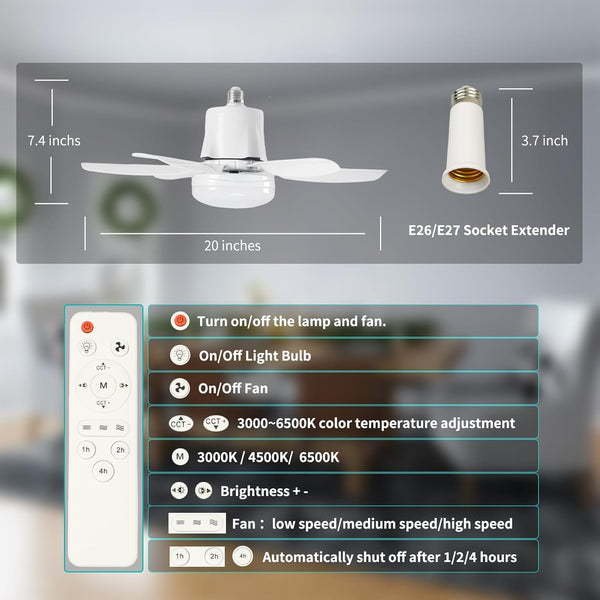Socket Ceiling Fan Light - Screw in Fan and Bulb Combo 20 inch 40W 3000-6500K with Remote White
