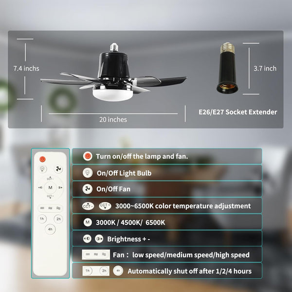 Socket Ceiling Fan Light - Screw in Fan and Bulb Combo 20 inch 40W 3000-6500K with Remote Black