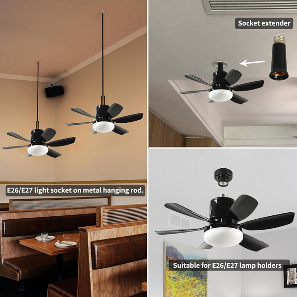 Socket Ceiling Fan Light - Screw in Fan and Bulb Combo 20 inch 40W 3000-6500K with Remote Black