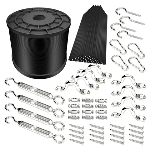 YQL Outdoor Lights Hanging Kit,Globe String Lights Suspension Kit,164ft Black Vinyl-Coated 304 Stainless Steel Cable,String Light Guide Wire,Hook & Eye Turnbuckle Wire Rope Tension